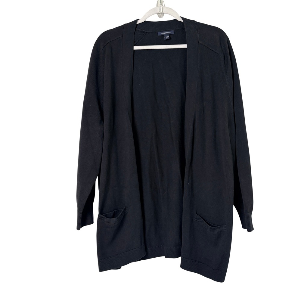 Lands End Cardigan Sweate Womens 2X 20W-22W Black Open Front Cotton Pockets